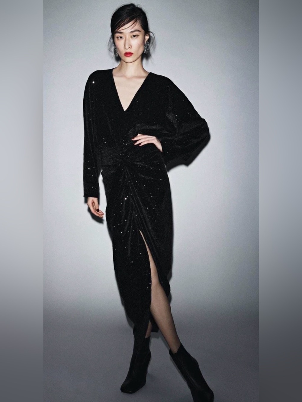 ZARA ZW COLLECTION BLACK SEQUIN SHOULDER PAD MAXI DRESS S NWOT